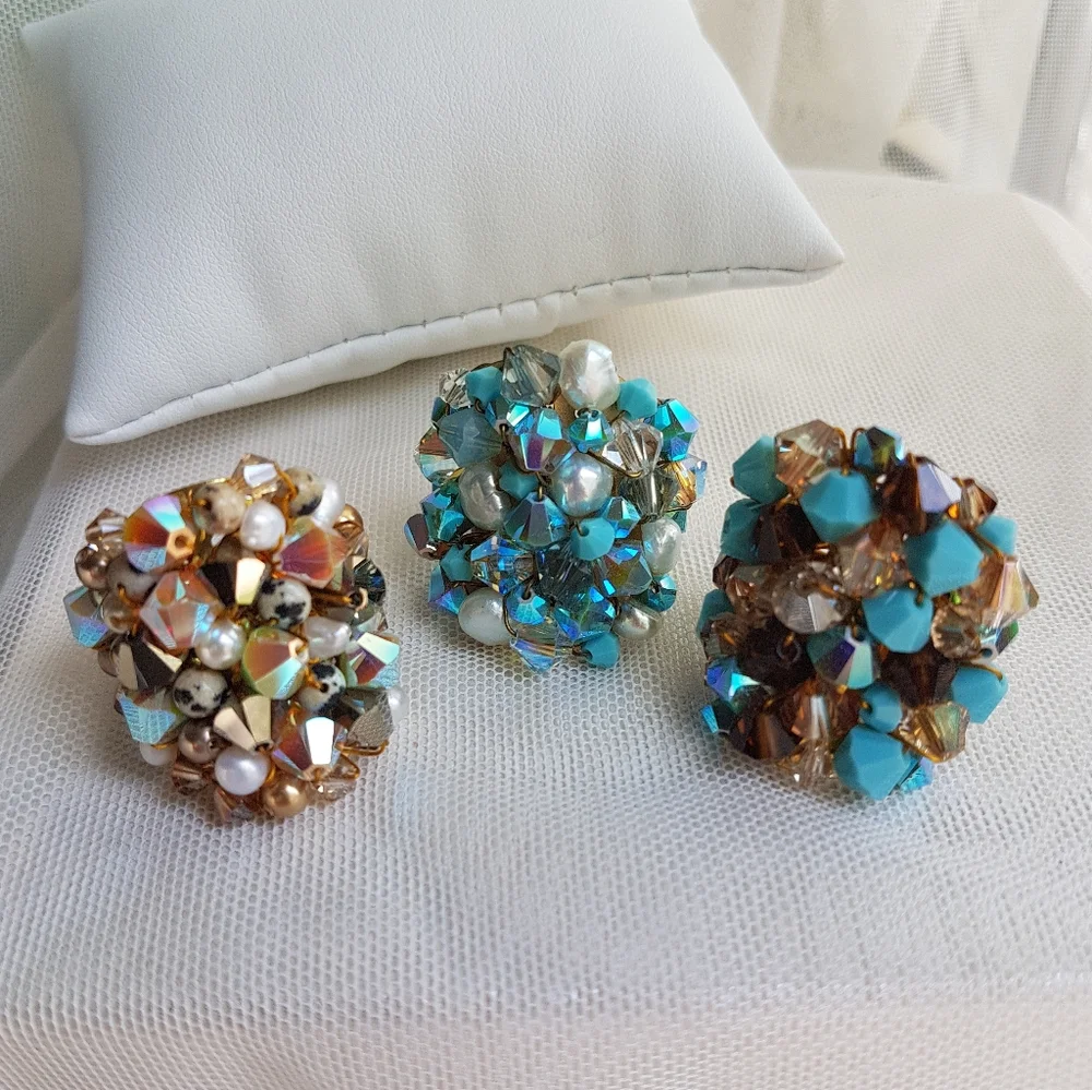 Swarovski Elements Large Dark Brown & Dalmatian Beads Cluster Statement Ring NWT